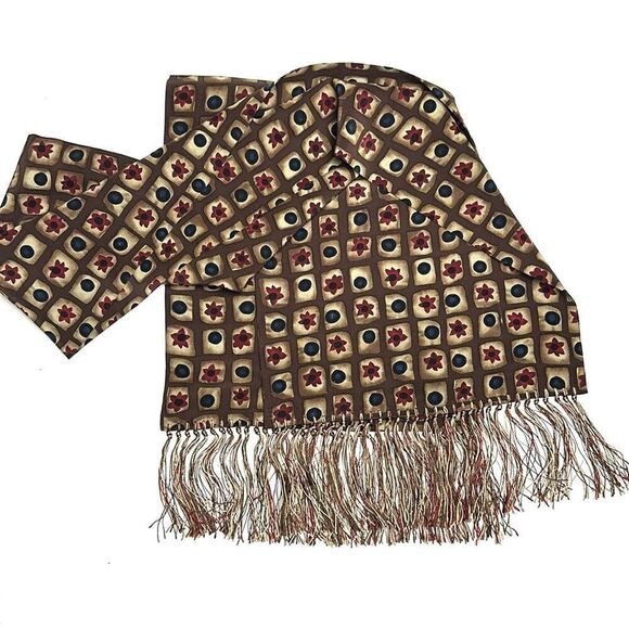 Men’s Silk Dress Scarf with Fringes Brown Beige Blue Red - Picture 4 of 6